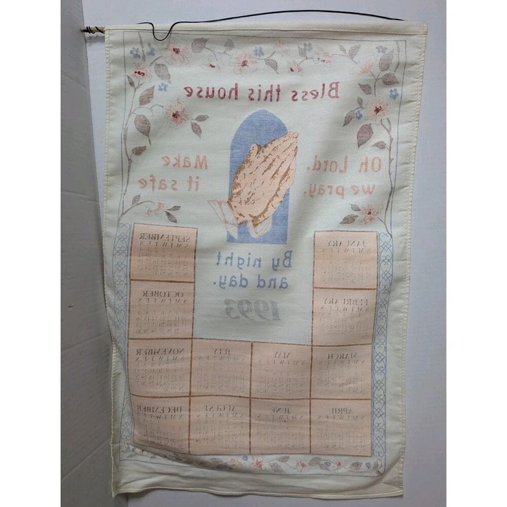 Vintage 1993 Bless This House Calendar Tea Towel Praying Hands Religious Decor